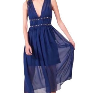 Sandro Navy Chiffon Dress with Star Embellishments